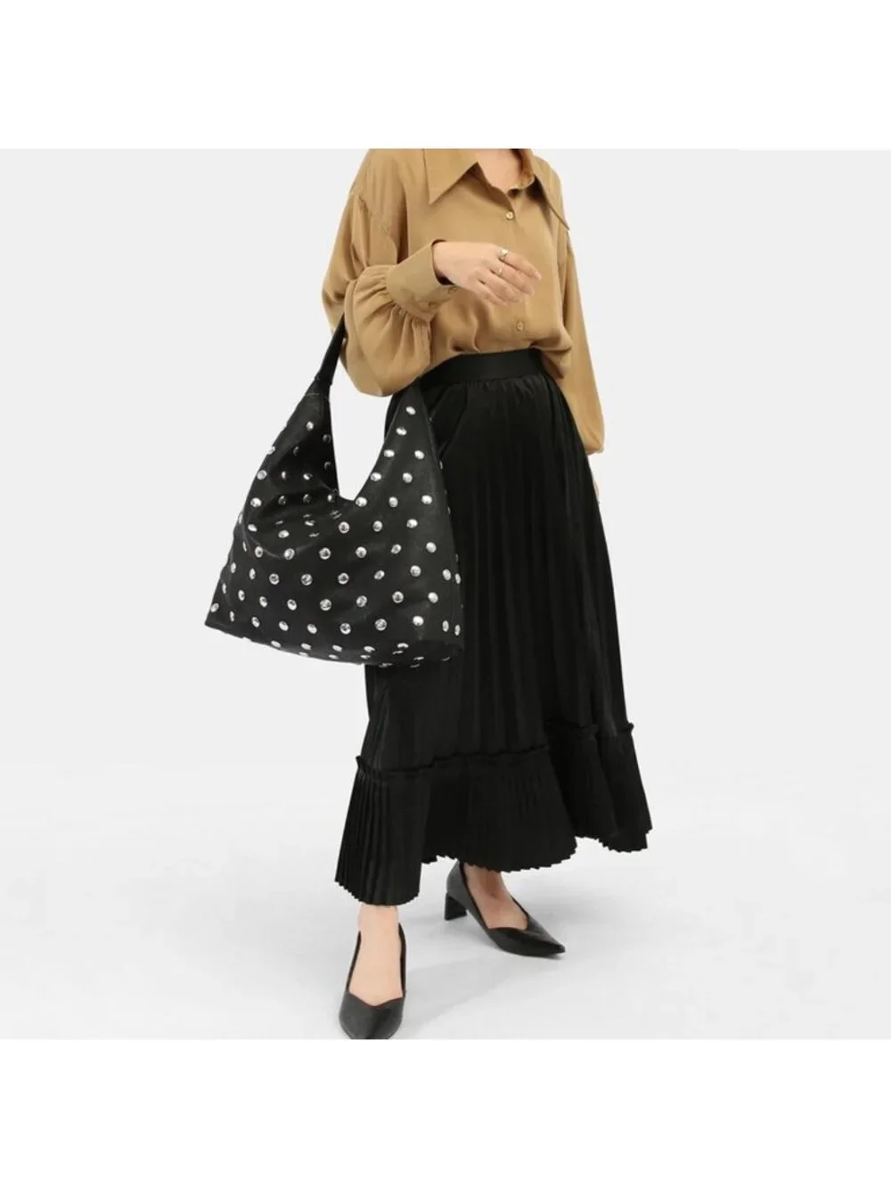 Edgy Vegan Leather Studded Tote Bag | Oversized Slouchy Hobo, Large Capacity